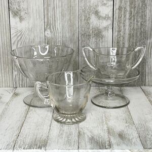 Vintage Etched Clear Depression Glass Sugar Bowl and Creamer Set 4 Pieces